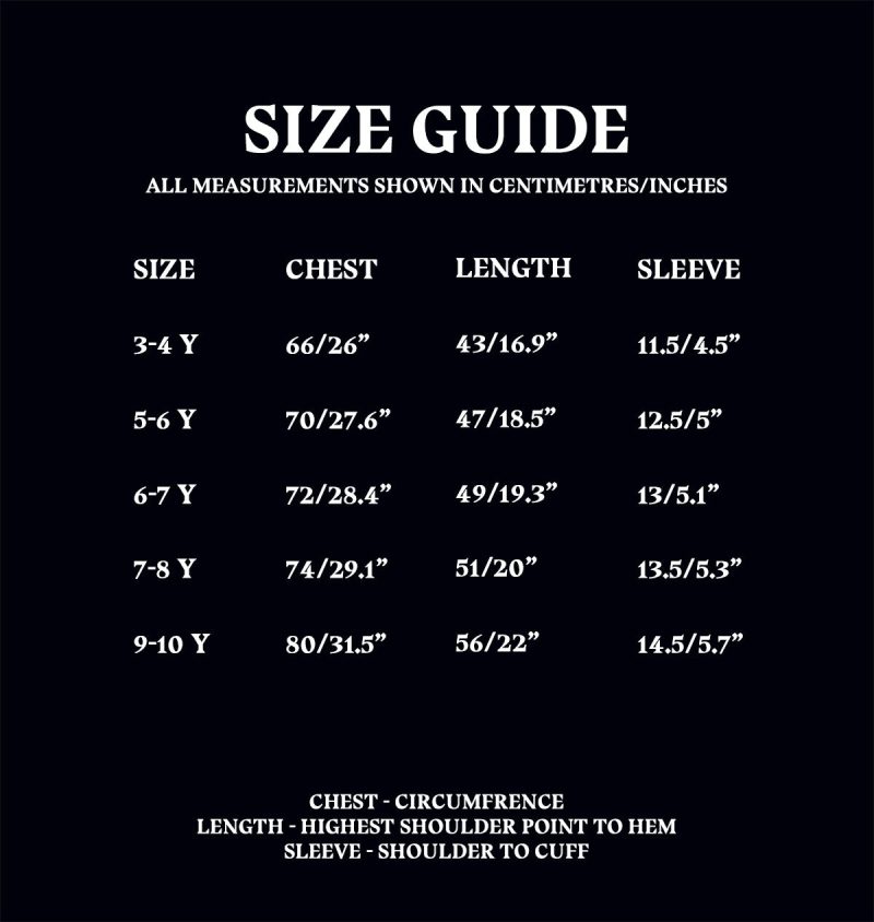 Size Guide KidsHogwartsT Shirts